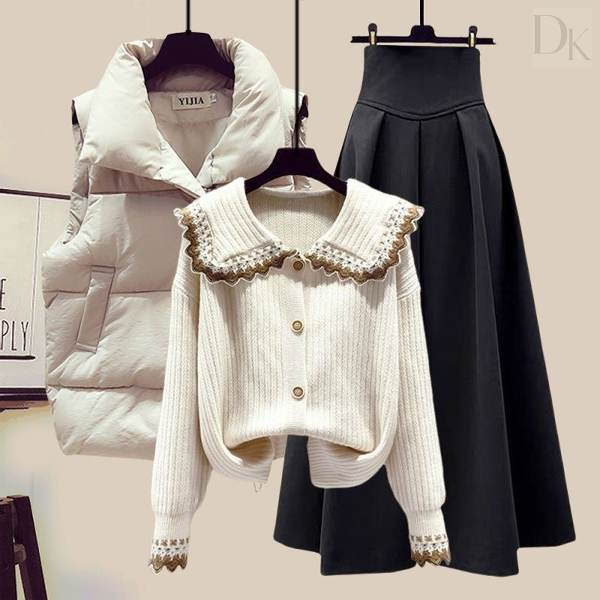 アイボリー/ベスト+ホワイト/ニット・セーター+ブラック/スカート